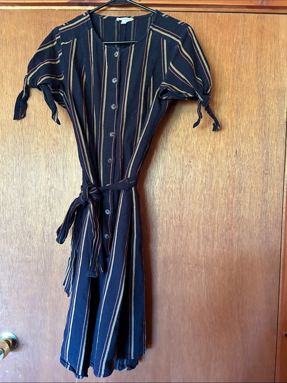 Striped Button-Front Midi Dress with Tie Waist